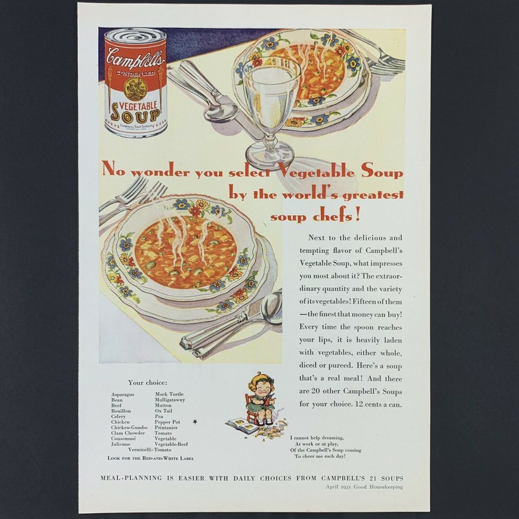 1931 Vintage CAMPBELL’S Condensed Vegetable Soup Print Ad, Good Housekeeping