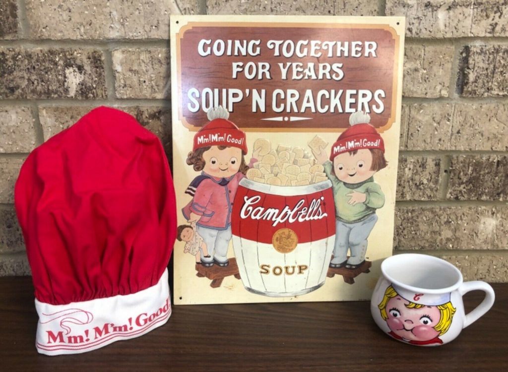 Vintage Campbell Soup Tin Sign~Soup Cup Bowl~Chef’s Hat M’m! M’m! Good! 