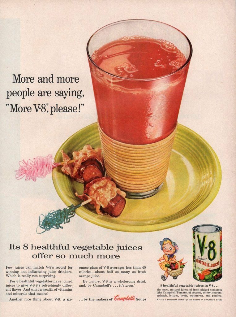 Vintage advertising print Drink Campbells V-8 Vegetable Juice picnic basket 1955